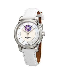Women's Lady Heart Flower Leather White Mother of Pearl Dial